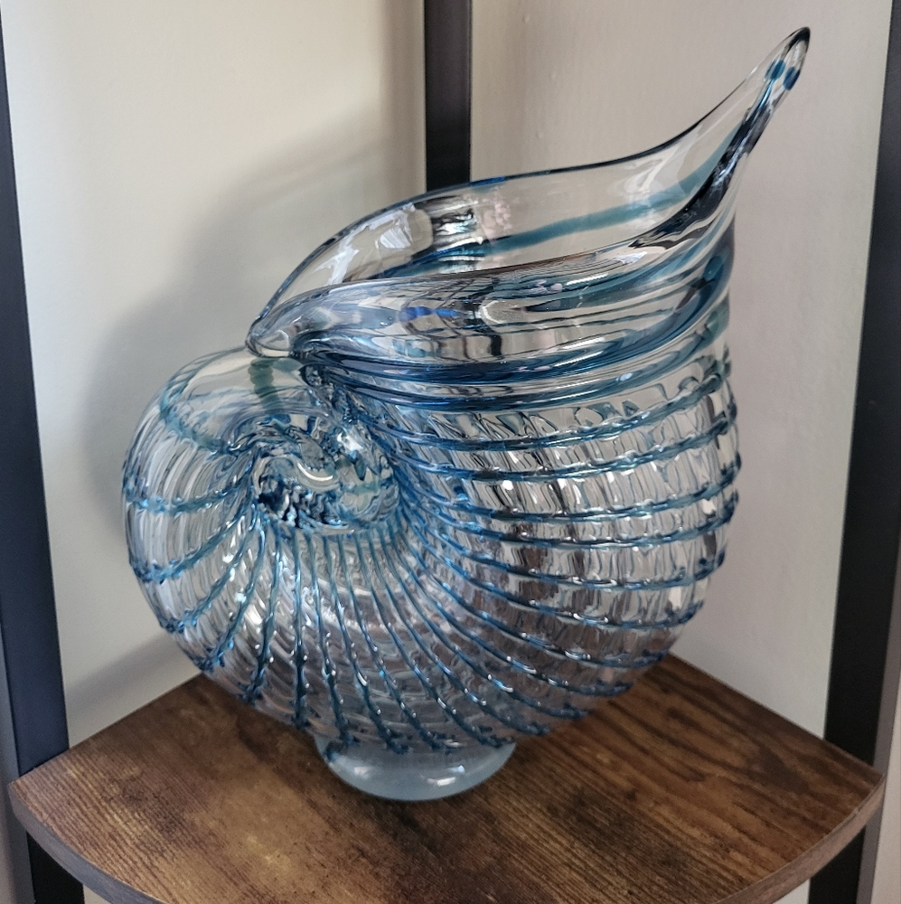 Blown‎ Glass Blue Shell Conch Beach Nautilus Vase Statement Decor Whimsical